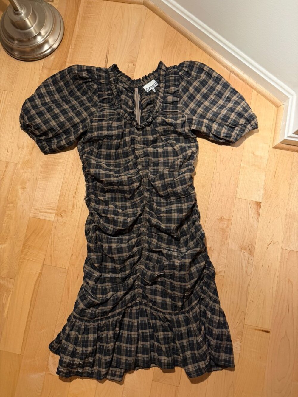 GANNI Check Printed Seersucker Dress — Size 40 (Good Condition)